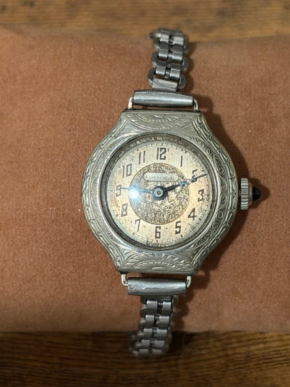 Oriole Vintage Ladies Art Deco Engraved Case Watch Blue Cabochon Crown